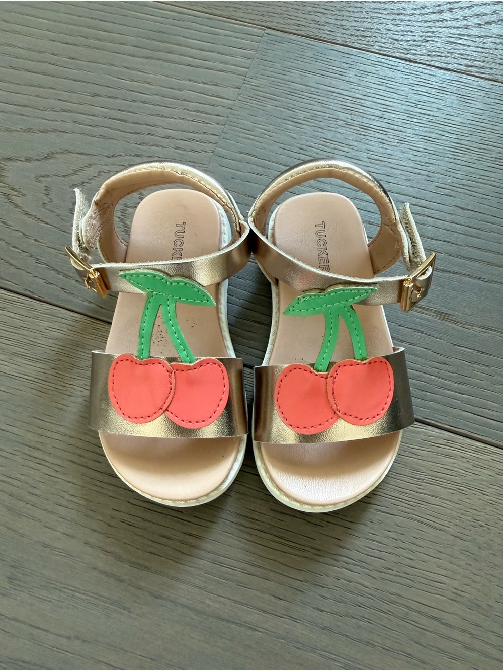 Tucker + Tate Gold Sandals with Pink Cherry Appliqués